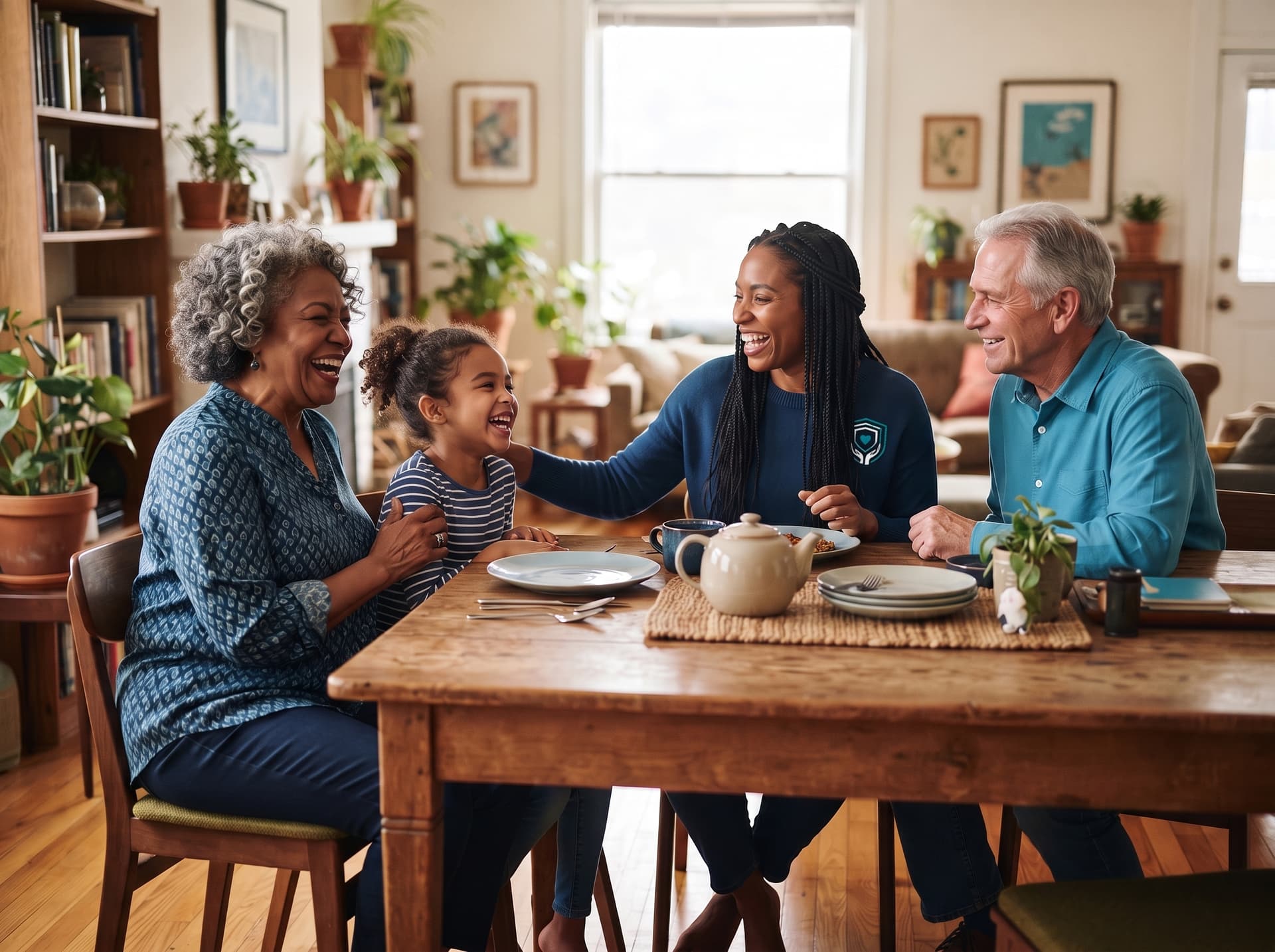 A multigenerational family relaxed together at home