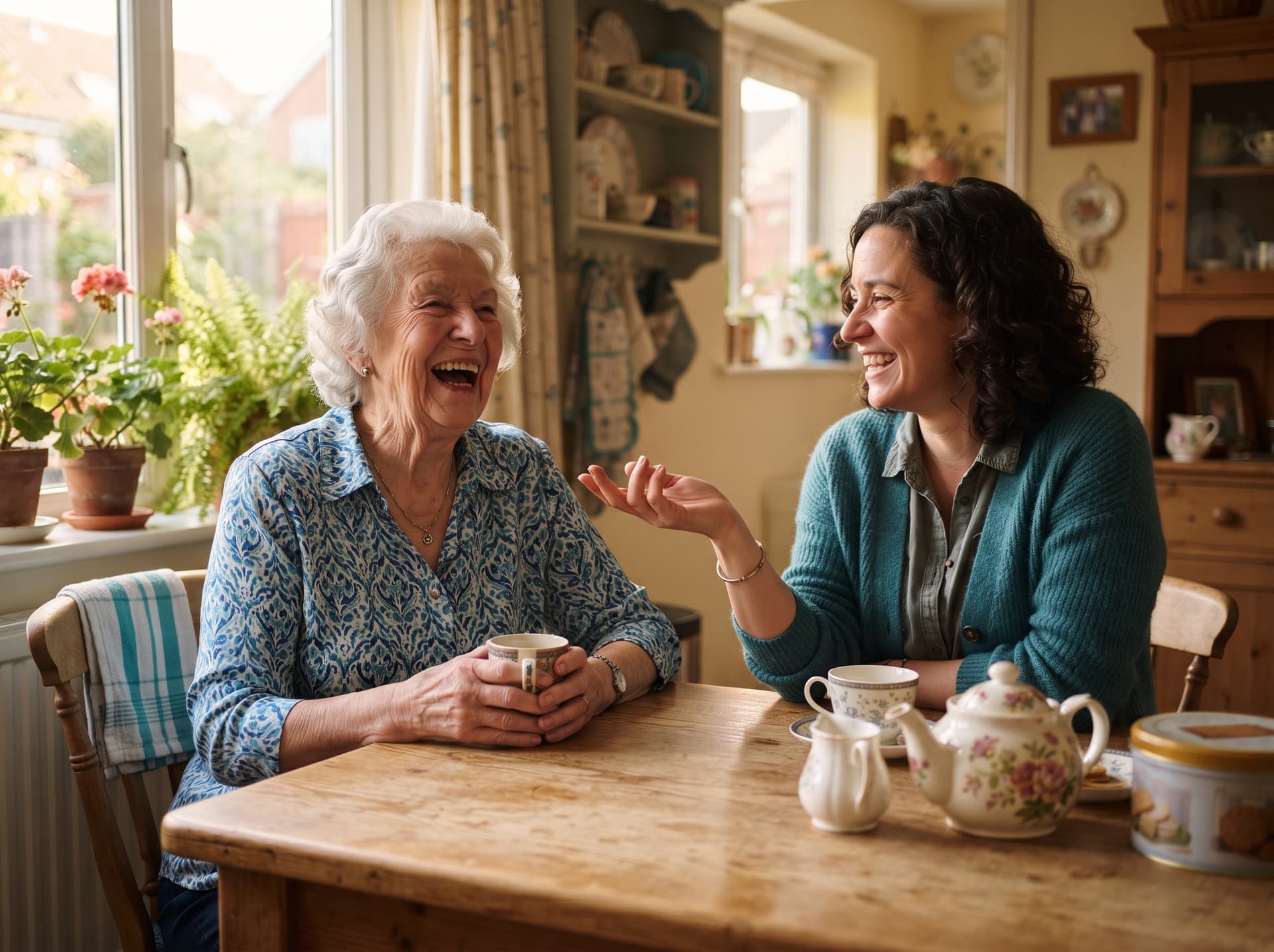A senior enjoying tea with a caregiver in a bright living room