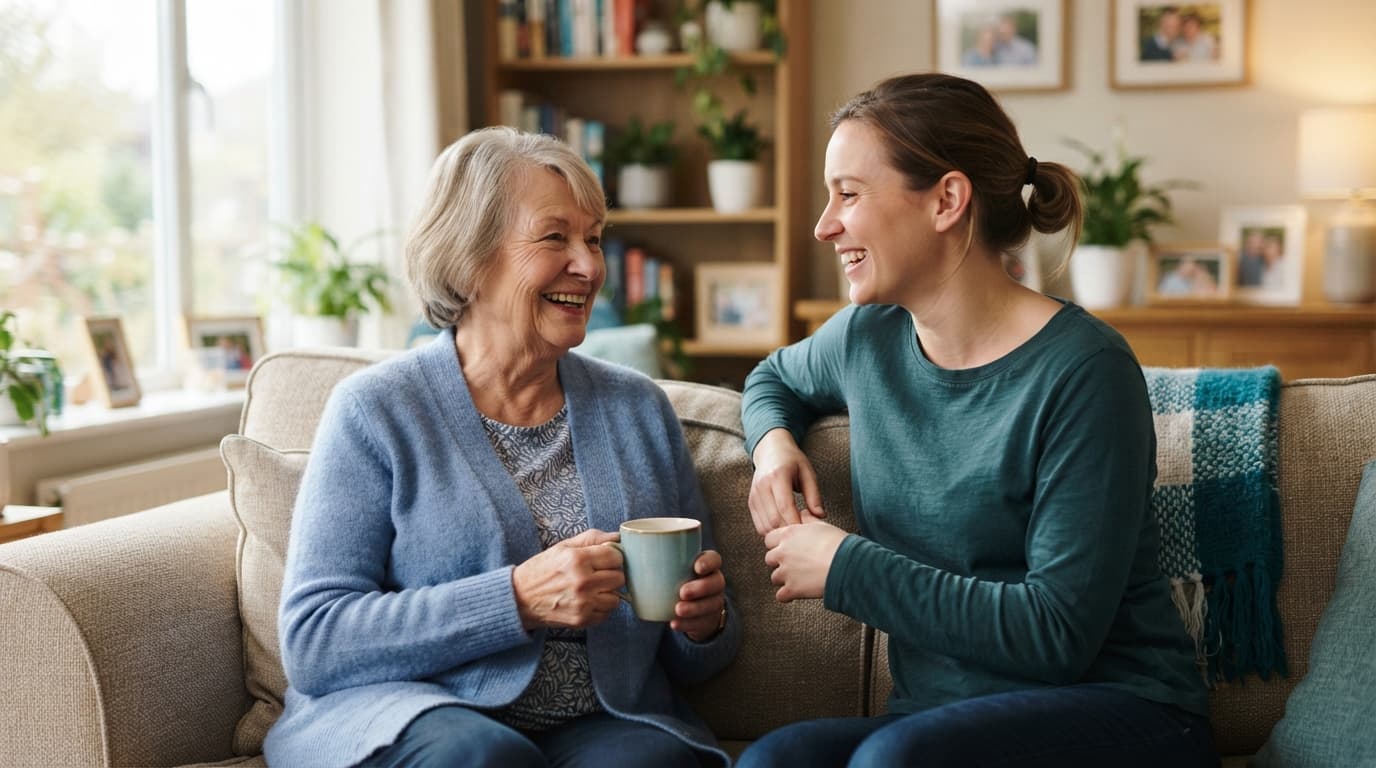 A family caregiver relaxing while a support worker engages with their loved one nearby