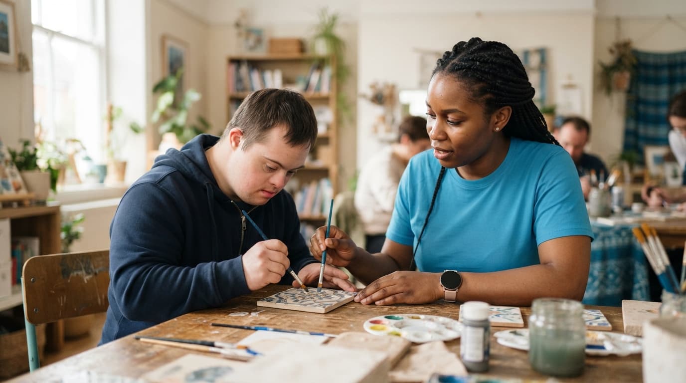 A support worker and an adult client collaborating on an activity at a table