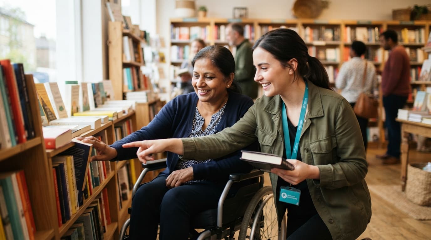 A support worker and adult client collaborating on a community activity