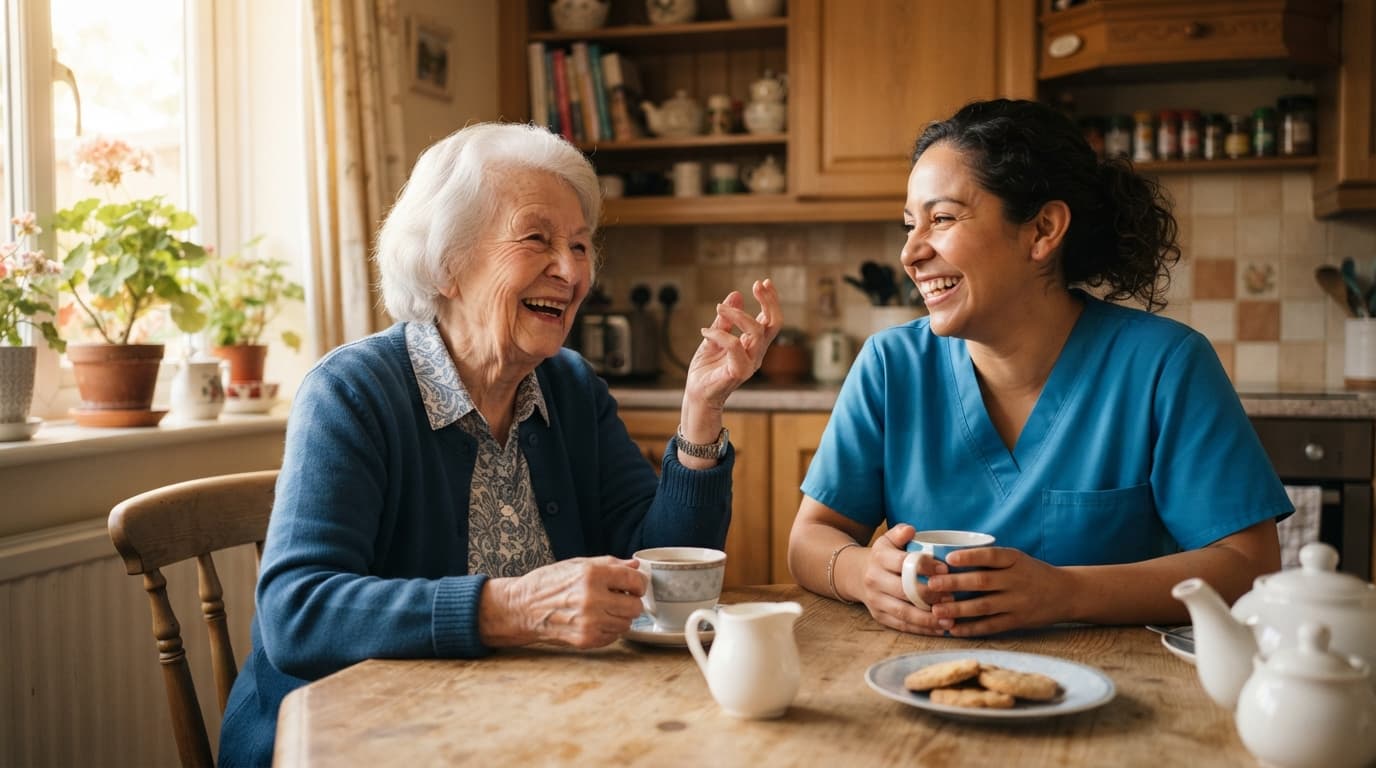A senior and a companion sharing a laugh while gardening