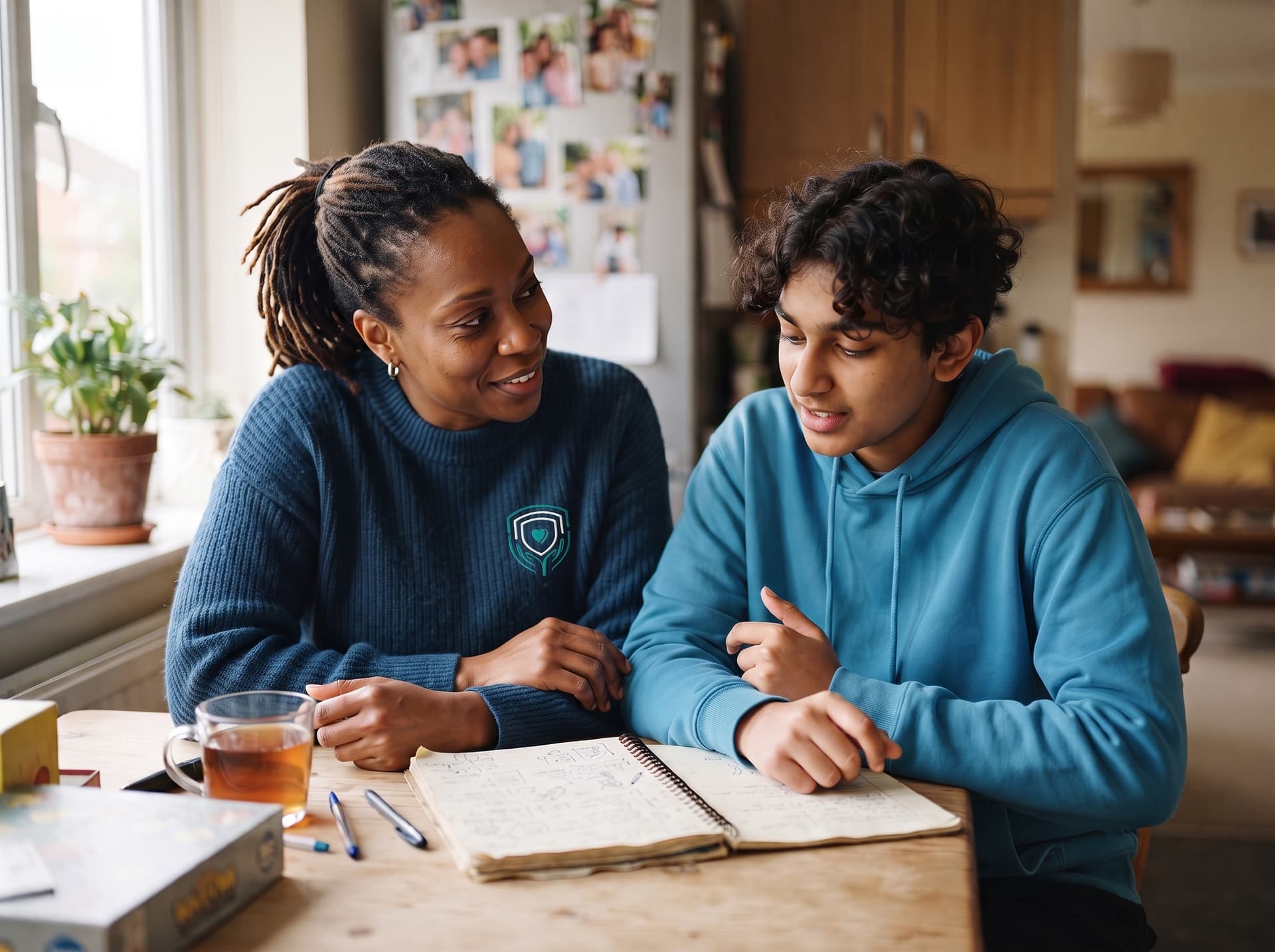 A youth support worker mentoring a teenager at a kitchen table